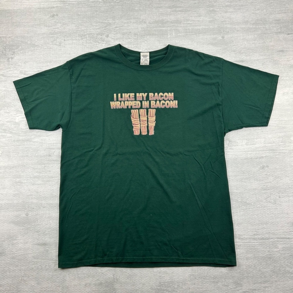 Vintage Y2K Bacon Shirt Size XL Green Funny I Like‎ My Bacon Wrapped In Bacon